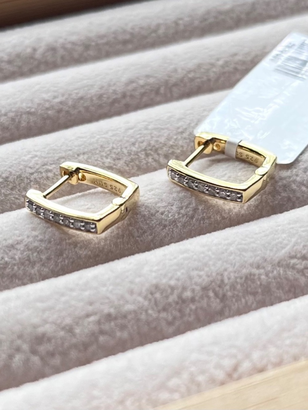 E074 | Natural Diamond Rectangular Huggie Hoops - Picture 2 of 5